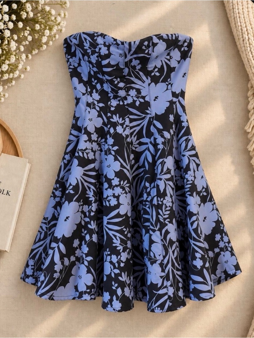 NWT Altar'd State Black Strapless Mini Dress with Blue Floral Print